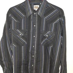 Vintage 70's,Pearl Snaps Ely Cattleman Men's Black and Blue Striped Shirt, Sz XL